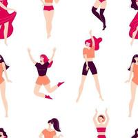 Seamless pattern with beautiful dancing women. The concept of joy, self-love, healthy activity. Vector illustration in flat style on white background.