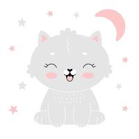 Afiche de la habitación del bebé con un lindo gatito gris con luna rosa. ilustración vectorial simple aislada sobre fondo blanco vector