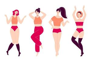 conjunto de mujeres jóvenes felices bailando. discoteca, actividad deportiva, fitness, movimiento. amor a ti mismo y a tu cuerpo. ilustración en estilo plano aislado sobre fondo blanco vector