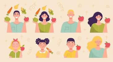 Adult men and women and children with fruits and vegetables. Healthy food, vitamins, harvesting, vegetarian diet. Flat vector illustration, set