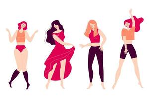 Set of dancing happy young women. Disco, sports activity, fitness, movement. Love to yourself and your body. Illustration in flat style isolated on white background vector