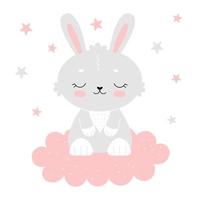 Cute gray bunny on a pink cloud. Poster for the nursery, postcard, nursery decoration. Children's illustration in a simple flat style. vector