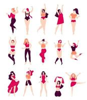 conjunto de mujeres jóvenes felices bailando. discoteca, actividad deportiva, fitness, movimiento. amor a ti mismo y a tu cuerpo. ilustración en estilo plano aislado sobre fondo blanco vector