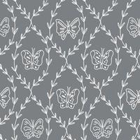 Cute grey pattern with line butterfly, branches seamless background. Textiles for children. Minimalism paper scrapbook for kids. vector