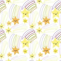 Hand drawn white pattern with yellow stars, multicolored rays seamless doodle. Cute vector for poster, paper, fabric, book, kids.