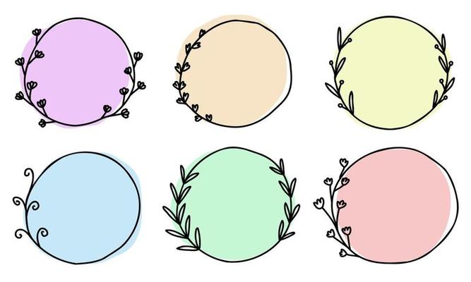 Abstract doodle frames colorful pastel set hand drawn. Cute round lines with leaves, circles, plant collection for weddings, happy birthday.