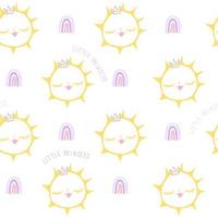 Little cute doodle sun, rainbows, little princess. White pattern and paper for scrapbooking. vector