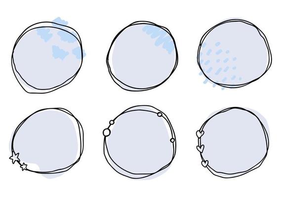Abstract doodle black frames, set hand drawn. Cute scribble blue round lines with circles collection.