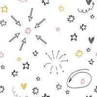 Hand drawn doodle with yellow, pink, black stars, abstract white seamless pattern. Cute vector for paper, fabric, baby, textile.