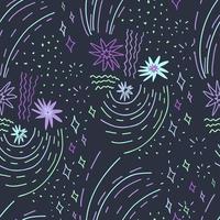 patrón azul oscuro dibujado a mano con estrellas violetas, verdes, garabato abstracto sin costuras. lindo vector para papel, tela.