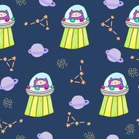 Cute blue pattern with stars, planets, ufo, cats. Pets seamless background. Textiles for baby, paper scrapbook.