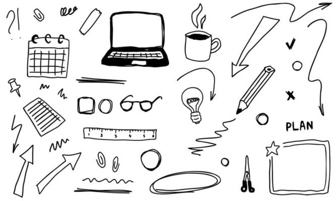 Doodle office line scribble, arrows light bulb, school. Sketch set, cute isolated collection for business.