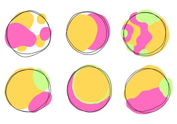 Abstract doodle black frames, set hand drawn bright colors. Cute round lines with circles collection.