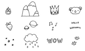 Doodle nature, mountains, animal, paws, text. Sketch set cute isolated line collection. vector