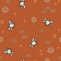 Orange pattern with doodle cat, planet, stars, clouds. Seamless background pet. Textiles for baby, paper scrapbook. vector