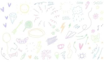 Doodle line arrows, text, diamond, eyes, rays frames. Sketch pastel colors set, cute isolated line collection for baby, school. vector