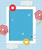 Swimming pool with beach umbrella, chaise longue and floats. Top view. Vector holiday illustration for banner, flyer, invitation and poster.