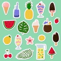 Summer stickers collection. Summer drinks, fruit, berries, ice creams tropical leaves. vector