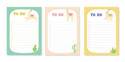 Set of templates for To Do List with cute llama and cactus. Vector illustration