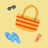 Summer bag, sunglasses, flip flops and suncream on sand. Good for vacation poster, beach party invitation, summer design.