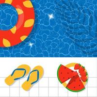 Top view of swimming pool with fruits, ring and flip-flops vector