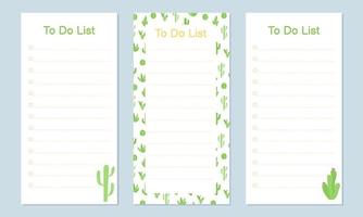 Set of templates for To Do List with cute cactuses. Vector illustration