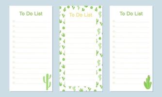 Set of templates for To Do List with cute cactuses. Vector illustration