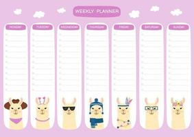 Weekly planner with cute llama and cactuses. Doodle flat style. Good for notebook, agenda, diary, organiser, schedule vector