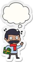 cartoon man with mustache and christmas present and thought bubble as a printed sticker vector
