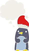 lindo pingüino navideño y burbuja de pensamiento en estilo retro vector