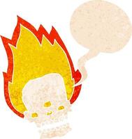 spooky cartoon flaming skull and speech bubble in retro textured style vector