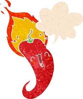 cartoon flaming hot chili pepper and speech bubble in retro textured style vector