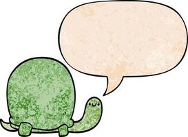 Linda tortuga de dibujos animados y burbuja de habla en estilo de textura retro vector