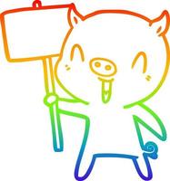 rainbow gradient line drawing happy cartoon pig with sign post vector
