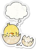 cartoon chick and thought bubble as a distressed worn sticker vector