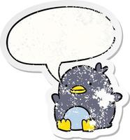 cute cartoon penguin and speech bubble distressed sticker vector