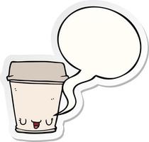 cartoon coffee cup and speech bubble sticker vector