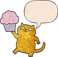 cartoon cat and cupcake and speech bubble in retro texture style vector