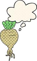 cartoon root vegetable and thought bubble in comic book style vector