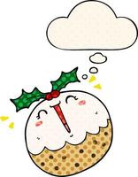 cute cartoon christmas pudding and thought bubble in comic book style vector