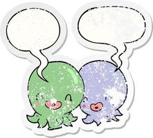 two cartoon octopi  and speech bubble distressed sticker vector