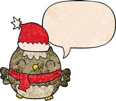 cute christmas owl and speech bubble in retro texture style vector