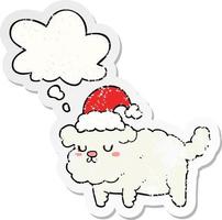 lindo perro navideño y burbuja de pensamiento como una pegatina desgastada angustiada vector