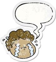 cartoon crying boy and speech bubble distressed sticker vector