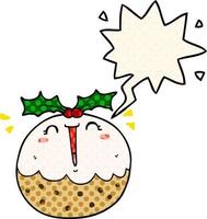 cute cartoon christmas pudding and speech bubble in comic book style vector