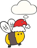 linda abeja de dibujos animados con sombrero de navidad y burbuja de pensamiento vector