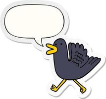 Pato de dibujos animados corriendo y etiqueta engomada de la burbuja del habla vector