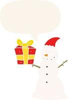 cartoon snowman and present and speech bubble in retro style vector