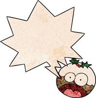 cartoon christmas pudding and shocked face and speech bubble in retro texture style vector