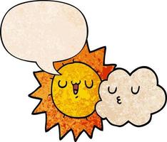 cartoon sun and cloud and speech bubble in retro texture style vector